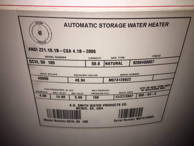 Photo of the manufacturer plate of the water heater with the input BTU's