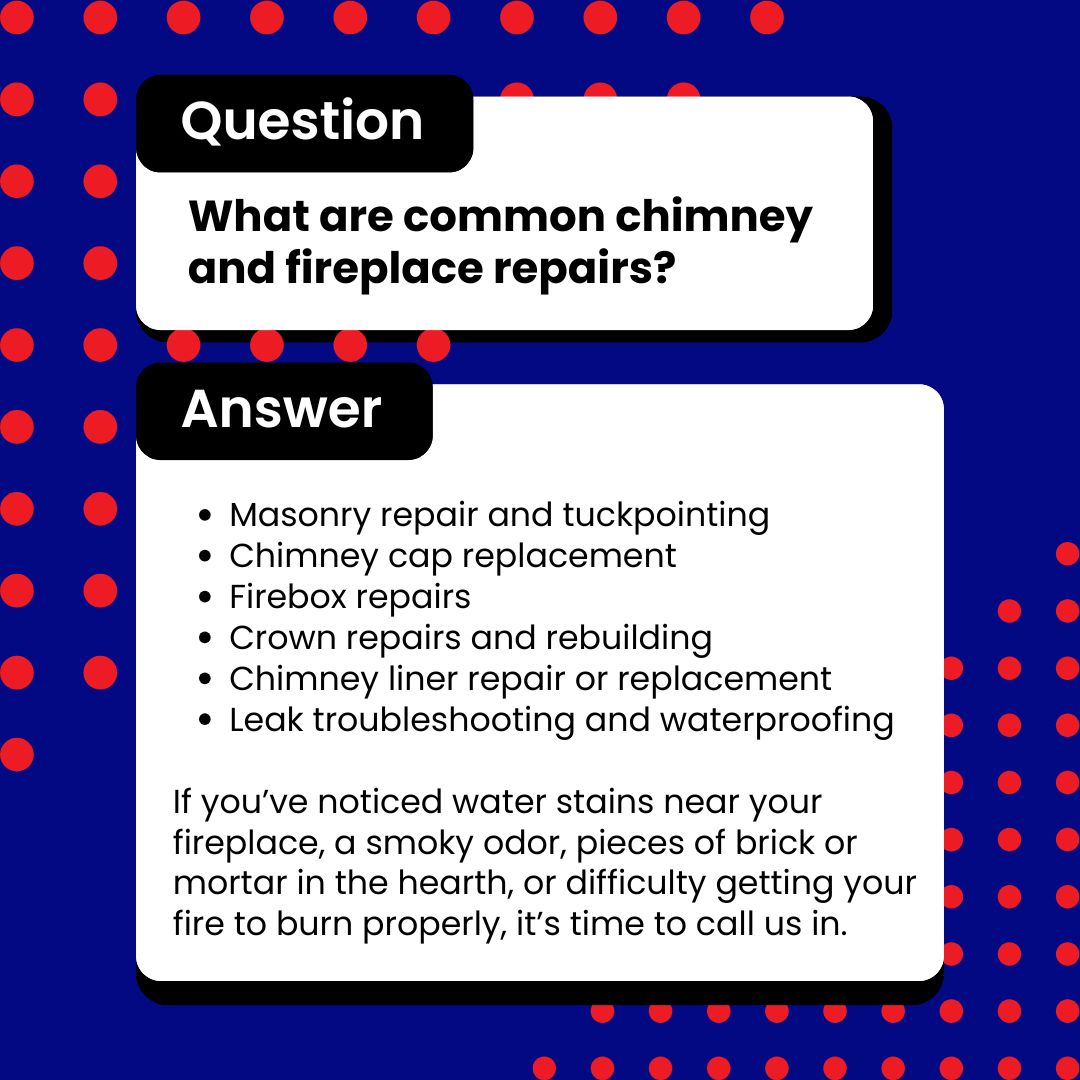 original graphic has a dark blue background with a red polka dot pattern and a white box outlined in black containing the text. It features the question “What are common chimney and fireplace repairs?” in bold black font, followed by the answer section listing common repairs such as masonry repair and tuckpointing, chimney cap replacement, firebox repairs, crown repairs, chimney liner repair or replacement, and leak troubleshooting with waterproofing. Below the list, additional text notes signs like water stains, smoky odors, crumbling mortar, or difficulty keeping a fire lit as reasons to call for service.