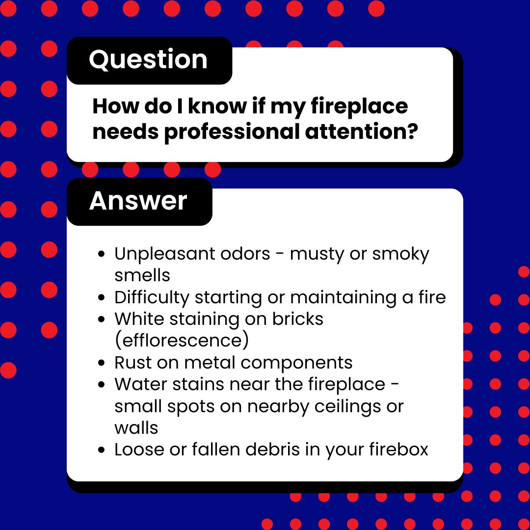original graphic shares the same design style, with the question “How do I know if my fireplace needs professional attention?” in bold black font at the top. The answer section provides a bulleted list of warning signs including musty or smoky odors, difficulty starting or maintaining a fire, white staining on bricks (efflorescence), rust on metal components, water stains near the fireplace or on nearby walls and ceilings, and loose or fallen debris in the firebox.